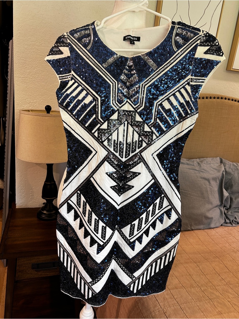 Express Navy & White Sequin Embellished Mini Dress